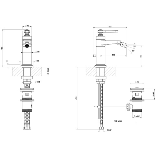 Immagine di Gessi VENTI20 miscelatore bidet con scarico e flessibili di collegamento, finitura cromo 65007#031