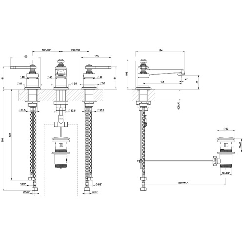 Immagine di Gessi VENTI20 gruppo lavabo 3 fori H.11 cm, con scarico e flessibili di collegamento, finitura cromo 65011#031