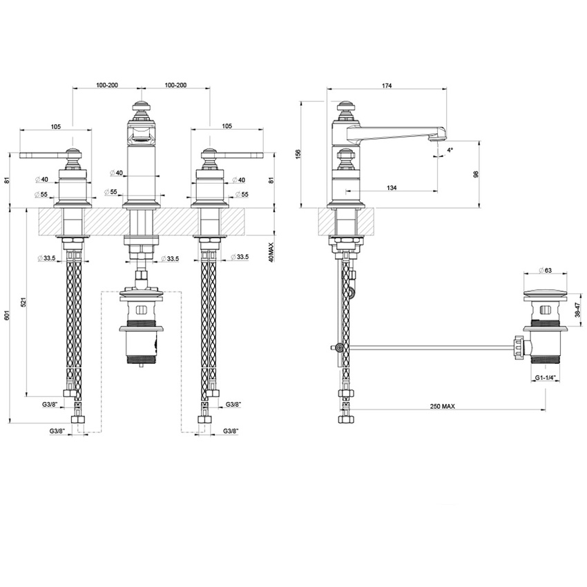 Immagine di Gessi VENTI20 gruppo lavabo 3 fori H.16 cm, con scarico e flessibili di collegamento, finitura cromo 65012#031