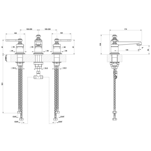 Immagine di Gessi VENTI20 gruppo lavabo 3 fori H.11 cm, senza scarico, con flessibili di collegamento, finitura cromo 65013#031