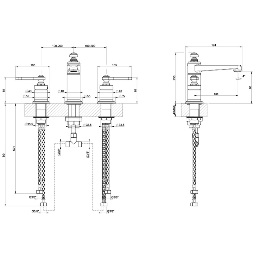 Immagine di Gessi VENTI20 gruppo lavabo 3 fori H.16 cm, senza scarico, con flessibili di collegamento, finitura cromo 65014#031