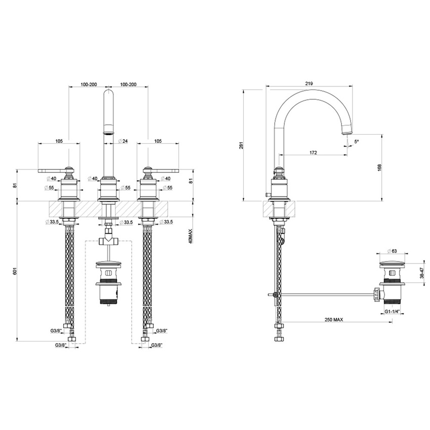 Immagine di Gessi VENTI20 gruppo lavabo 3 fori H.28 cm, con bocca a ombrello, con scarico e flessibili di collegamento, finitura cromo 65015#031