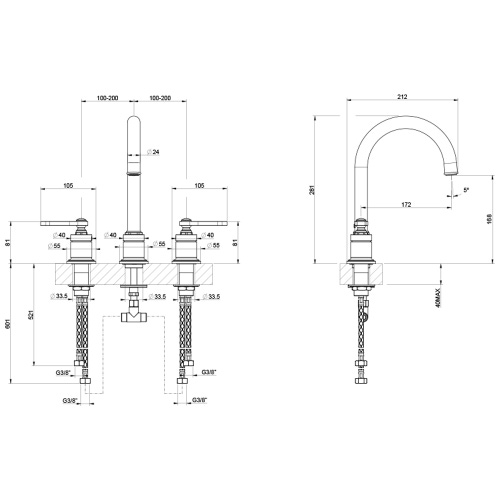 Immagine di Gessi VENTI20 gruppo lavabo 3 fori H.28 cm, con bocca a ombrello, senza scarico, con flessibili di collegamento, finitura cromo 65016#031