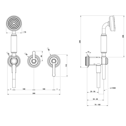 Immagine di Gessi VENTI20 miscelatore doccia a parete, 2 vie, con deviatore, presa acqua, supporto doccetta e doccetta, senza corpo incasso, finitura warm bronze brushed PVD 65036#726