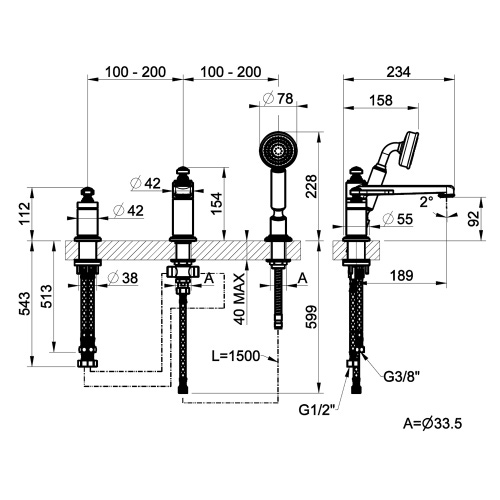 Immagine di Gessi VENTI20 gruppo bordo vasca 3 fori, con bocca di erogazione, deviatore, flessibile 150 cm e doccetta anticalcare, finitura cromo 65037#031