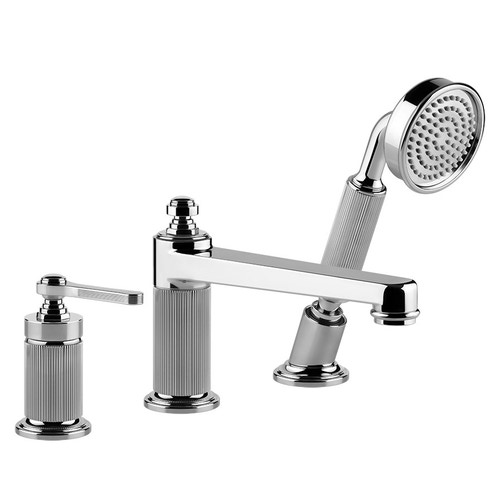 Immagine di Gessi VENTI20 gruppo bordo vasca 3 fori, con bocca di erogazione, deviatore, flessibile 150 cm e doccetta anticalcare, finitura cromo 65037#031