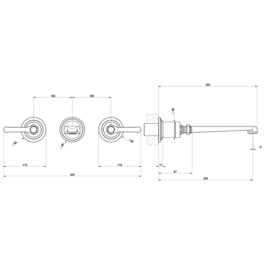 Immagine di Gessi VENTI20 gruppo lavabo a parete 3 fori, bocca P.26 cm, senza scarico, finitura cromo 65090#031