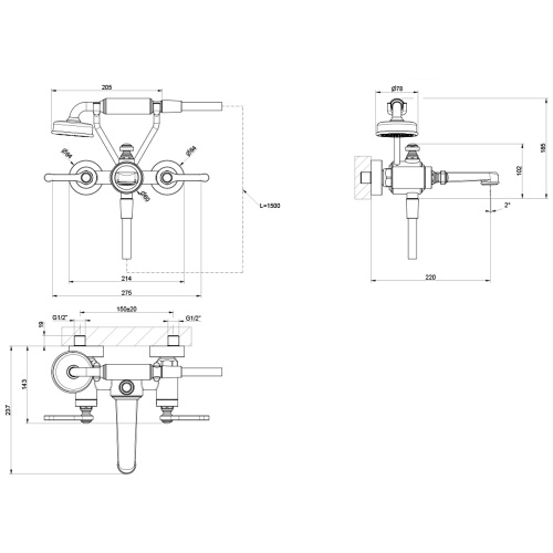 Immagine di Gessi VENTI20 gruppo vasca a parete con deviatore bagno/doccia, flessibile 150 cm e doccetta anticalcare con supporto fisso, finitura nickel PVD 65113#720