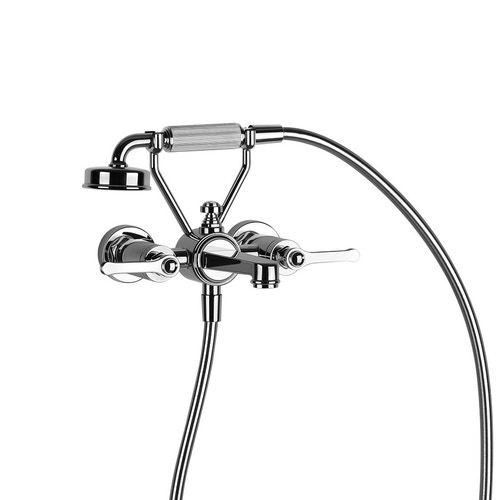 Immagine di Gessi VENTI20 gruppo vasca a parete con deviatore bagno/doccia, flessibile 150 cm e doccetta anticalcare con supporto fisso, finitura cromo 65113#031