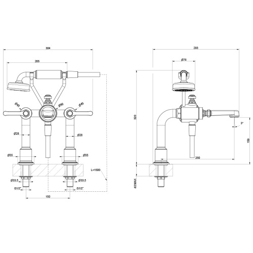 Immagine di Gessi VENTI20 gruppo bordo vasca 2 fori, con supporti, bocca di erogazione, flessibile 150 cm e doccetta anticalcare, finitura cromo 65115#031