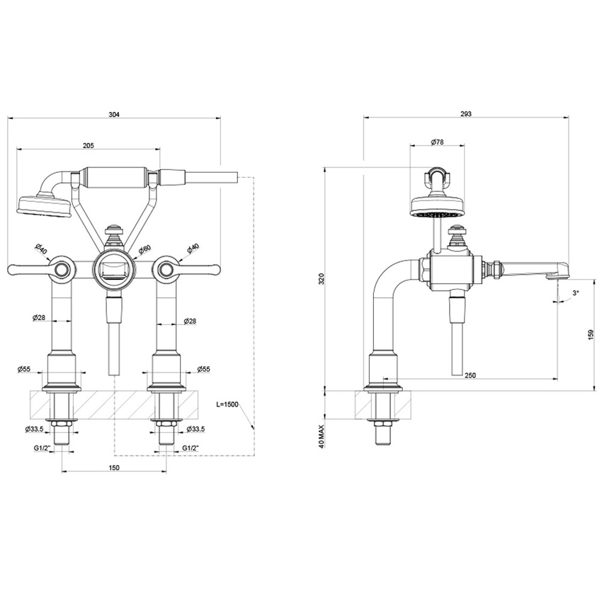 Immagine di Gessi VENTI20 gruppo bordo vasca 2 fori, con supporti, bocca di erogazione, flessibile 150 cm e doccetta anticalcare, finitura cromo 65115#031
