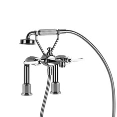 Immagine di Gessi VENTI20 gruppo bordo vasca 2 fori, con supporti, bocca di erogazione, flessibile 150 cm e doccetta anticalcare, finitura cromo 65115#031