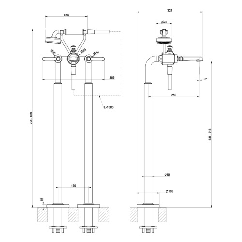 Immagine di Gessi VENTI20 piantana esterno vasca con doccetta, finitura cromo 65128#031