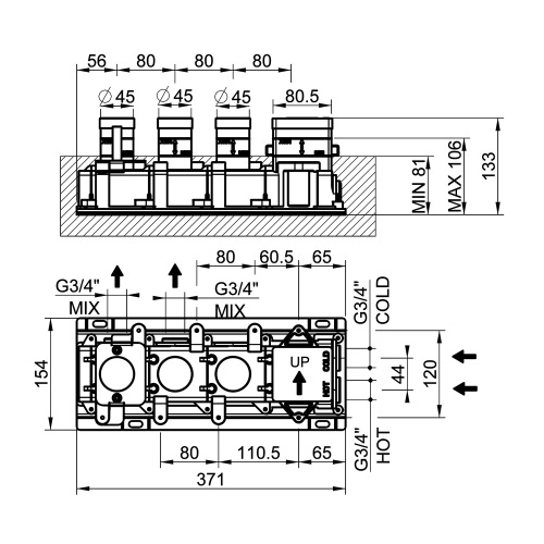 Immagine di Gessi Parte incasso per miscelatore termostatico a due funzioni, con attacchi da 3/4" 63011#031