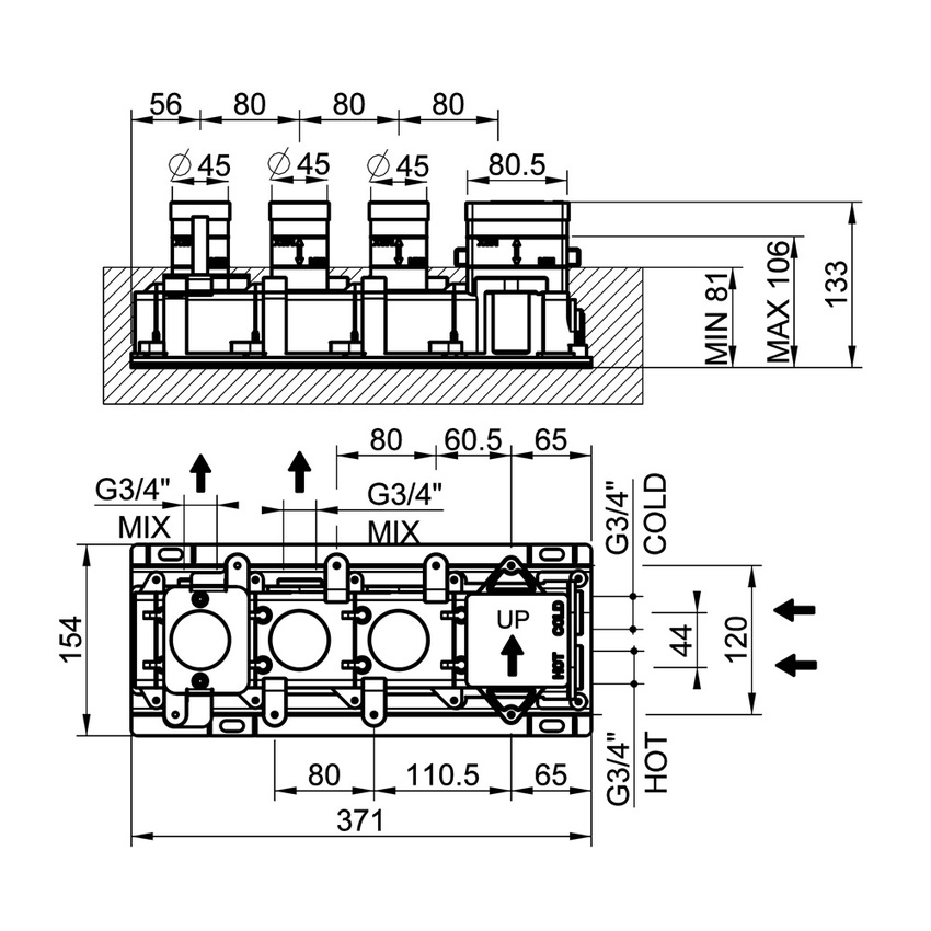Immagine di Gessi Parte incasso per miscelatore termostatico a due funzioni, con attacchi da 3/4" 63011#031