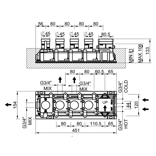 Immagine di Gessi Parte incasso per miscelatore termostatico a tre funzioni, con attacchi da 3/4" 63013#031