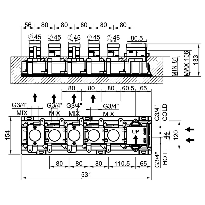Immagine di Gessi Parte incasso per miscelatore termostatico a quattro funzioni, con attacchi da 3/4" 63015#031