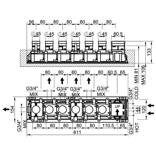 Immagine di Gessi Parte incasso per miscelatore termostatico a cinque funzioni, con attacchi da 3/4" 63017#031