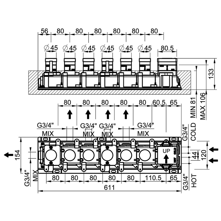 Immagine di Gessi Parte incasso per miscelatore termostatico a cinque funzioni, con attacchi da 3/4" 63017#031