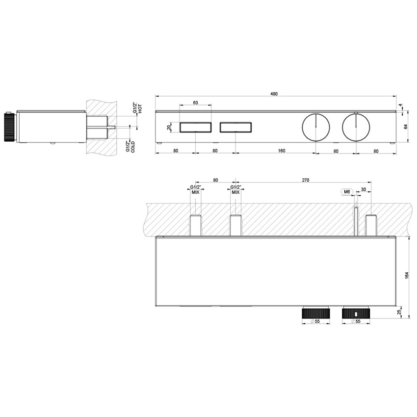 Immagine di Gessi HI-FI SHELF miscelatore termostatico a mensola in cristallo temprato nero, a due funzioni simultanee, con pulsanti on-off, senza corpo incasso, finitura cromo 65022#031
