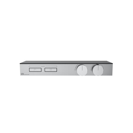 Immagine di Gessi HI-FI SHELF miscelatore termostatico a mensola in cristallo temprato nero, a due funzioni simultanee, con pulsanti on-off, senza corpo incasso, finitura cromo 65022#031