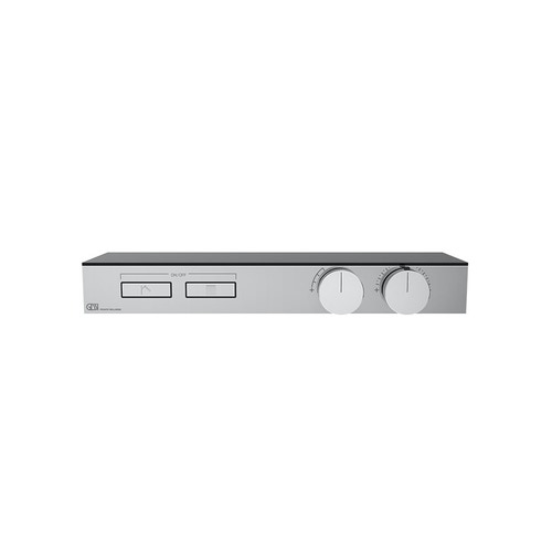 Immagine di Gessi HI-FI SHELF miscelatore termostatico a mensola in cristallo temprato nero, a due funzioni simultanee, con pulsanti on-off, senza corpo incasso, finitura cromo 65022#031