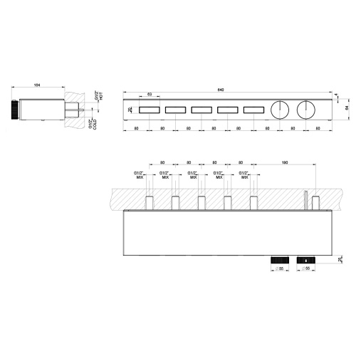Immagine di Gessi HI-FI SHELF miscelatore termostatico a mensola in cristallo temprato nero, a cinque funzioni simultanee, con pulsanti on-off, senza corpo incasso, finitura cromo 65028#031