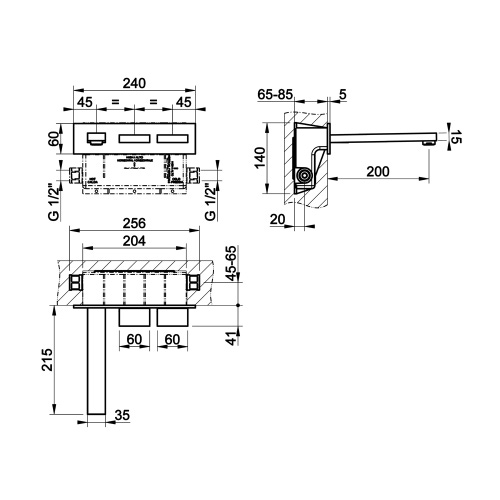 Immagine di Gessi RETTANGOLO T gruppo lavabo a parete P.22 cm, senza scarico, colore nero finitura opaco 20488#299