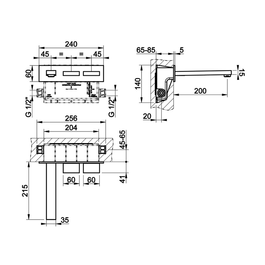 Immagine di Gessi RETTANGOLO T gruppo lavabo a parete P.22 cm, senza scarico, colore nero finitura opaco 20488#299