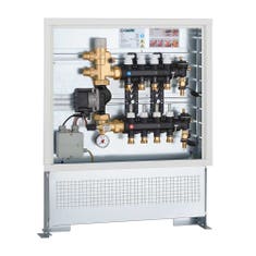 Immagine di Caleffi Gruppo di regolazione termostatica a punto fisso preassemblato in cassetta per impianti a pannelli radianti, 3 derivazioni, attacco 3/4” M 1825C1A2L