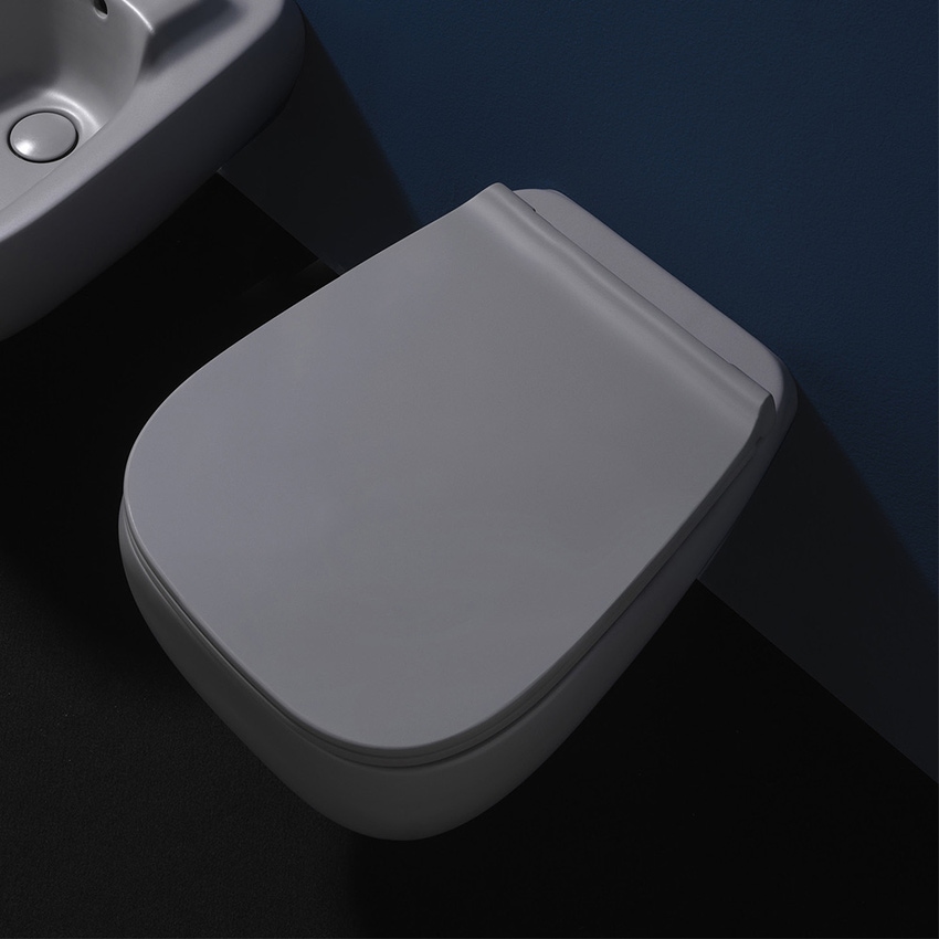 Immagine di Flaminia FLUO set sanitari sospesi, vaso con sistema goclean® e coprivaso slim con discesa rallentata, bidet monoforo con troppopieno, colore cenere finitura opaco FU118GCEN+FU218CEN+FUCW05CEN