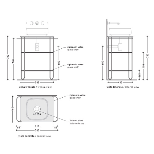 Immagine di Flaminia FILO struttura in acciaio inox L.74 H.77 P.45 cm, con piano in vetro per lavabi da appoggio, colore nero finitura opaco FI60SVNE