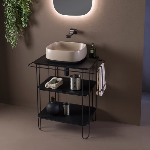 Immagine di Flaminia FILO struttura in acciaio inox L.74 H.77 P.45 cm, con piano in vetro per lavabi da appoggio, colore nero finitura opaco FI60SVNE