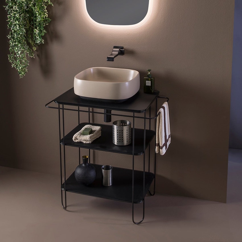 Immagine di Flaminia FILO struttura in acciaio inox L.74 H.77 P.45 cm, con piano in vetro per lavabi da appoggio, colore nero finitura opaco FI60SVNE