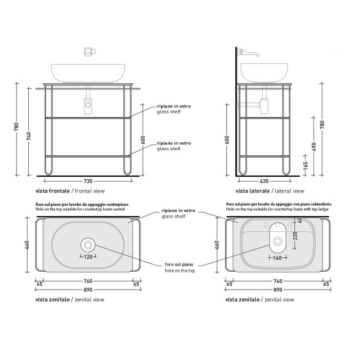 Immagine di Flaminia FILO set con sostegno metallico L.89 cm colore nero opaco con lavabo d'appoggio L.50 cm finitura bicolore argilla e carbone opaco + specchio + scaffale con struttura in acciaio, colore nero finitura opaco FI75SVNE+FG50AARG+FI46SVNE
