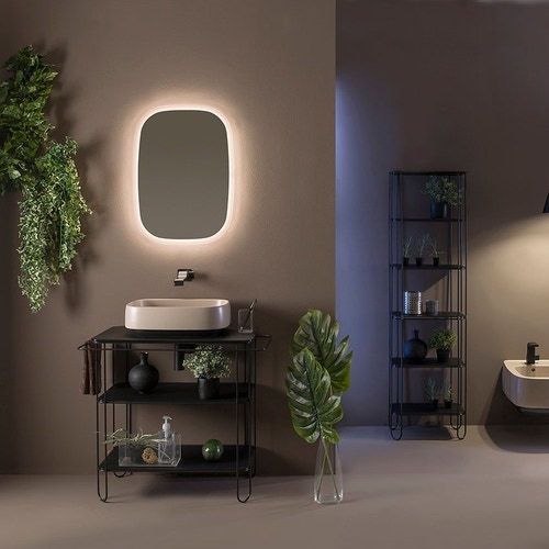 Immagine di Flaminia FILO set con sostegno metallico L.89 cm colore nero opaco con lavabo d'appoggio L.50 cm finitura bicolore argilla e carbone opaco + specchio + scaffale con struttura in acciaio, colore nero finitura opaco FI75SVNE+FG50AARG+FI46SVNE