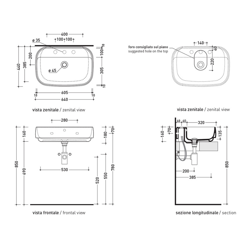Immagine di Flaminia FLAG lavabo da appoggio o sospeso L.64 cm, con piano rubinetteria e troppopieno, colore bianco finitura lucido FG64L