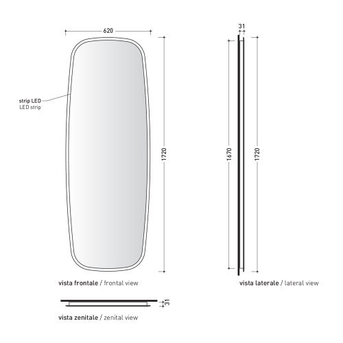 Immagine di Flaminia FLAG specchio reversibile L.62 H.172 cm, con bordo molato trasparente e luce led FG172SPE