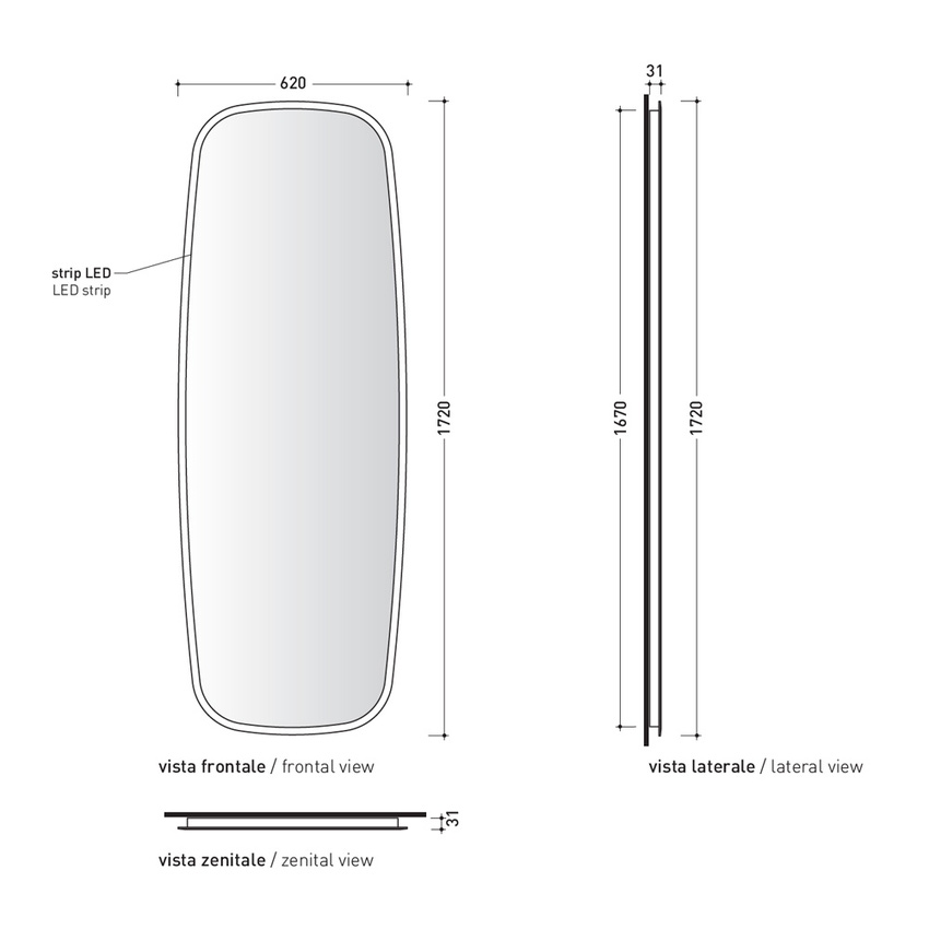 Immagine di Flaminia FLAG specchio reversibile L.62 H.172 cm, con bordo molato trasparente e luce led FG172SPE