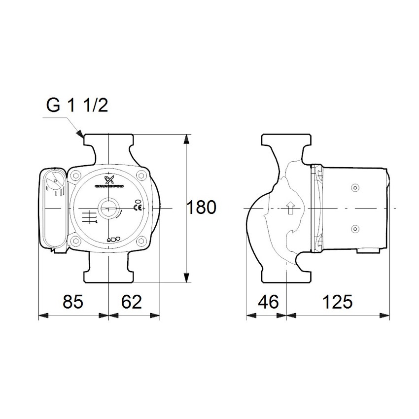 Immagine di Grundfos UPS 25-55 N 180 Circolatore a rotore bagnato a tre velocità per impianti di acqua calda sanitaria domestici, bocche filettate G 1" 1/2, prevalenza max 5.5 m 95906408