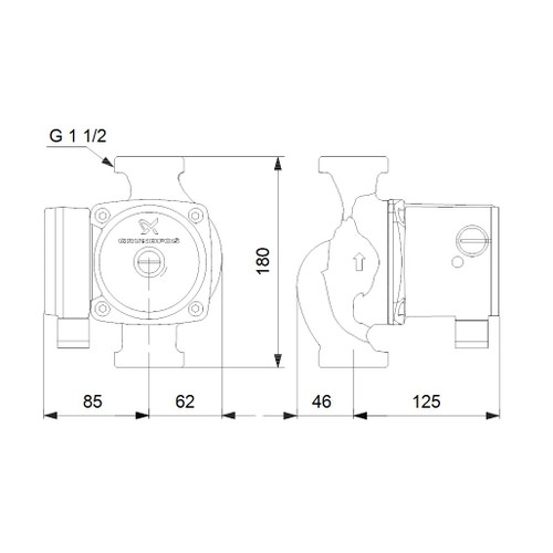 Immagine di Grundfos UPS 25-80 N 180 Circolatore a rotore bagnato a tre velocità per impianti di acqua calda sanitaria domestici, bocche filettate G 1" 1/2, prevalenza max 8 m 95906439