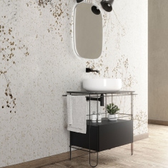 Immagine di Flaminia FILO set con struttura con cassetto e top in vetro colore nero opaco con lavabo d'appoggio Ø 50 cm colore bianco + specchio con illuminazione + sifone, colore nero finitura opaco + miscelatore colore nero finitura opaco FI75SCNE+BN50A+FG52SPE