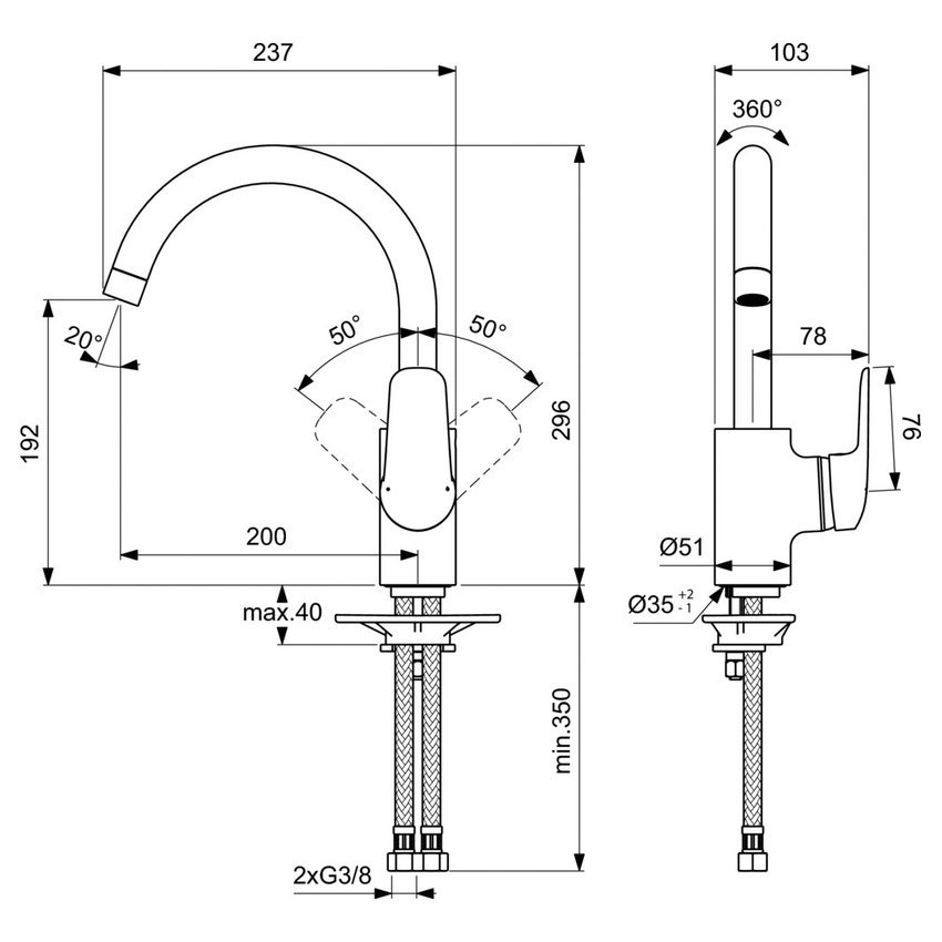 Immagine di Ideal Standard CERAFLEX miscelatore monocomando da appoggio su lavello, bocca di erogazione orientabile, finitura cromo B1727AA