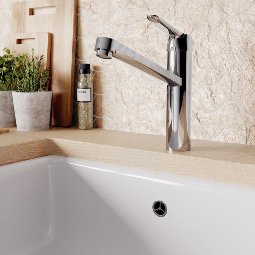 Immagine di Ideal Standard CERAFLEX miscelatore monocomando da appoggio su lavello, bocca di erogazione orientabile, finitura cromo BC135AA