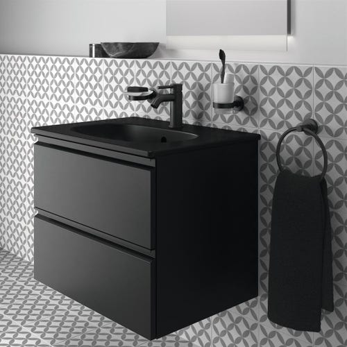 Immagine di Ideal Standard CERALINE miscelatore lavabo P.15 cm, senza asta di comando e scarico piletta, colore nero finitura opaco BC268XG