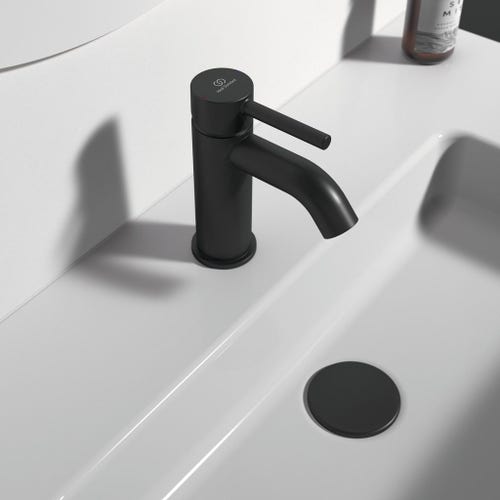 Immagine di Ideal Standard CERALINE miscelatore lavabo P.15 cm, senza asta di comando e scarico piletta, colore nero finitura opaco BC268XG