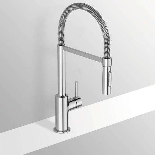 Immagine di Ideal Standard CERALOOK miscelatore monocomando orientabile, doccetta professionale multifunzione, da appoggio su lavello, finitura cromo BC302AA