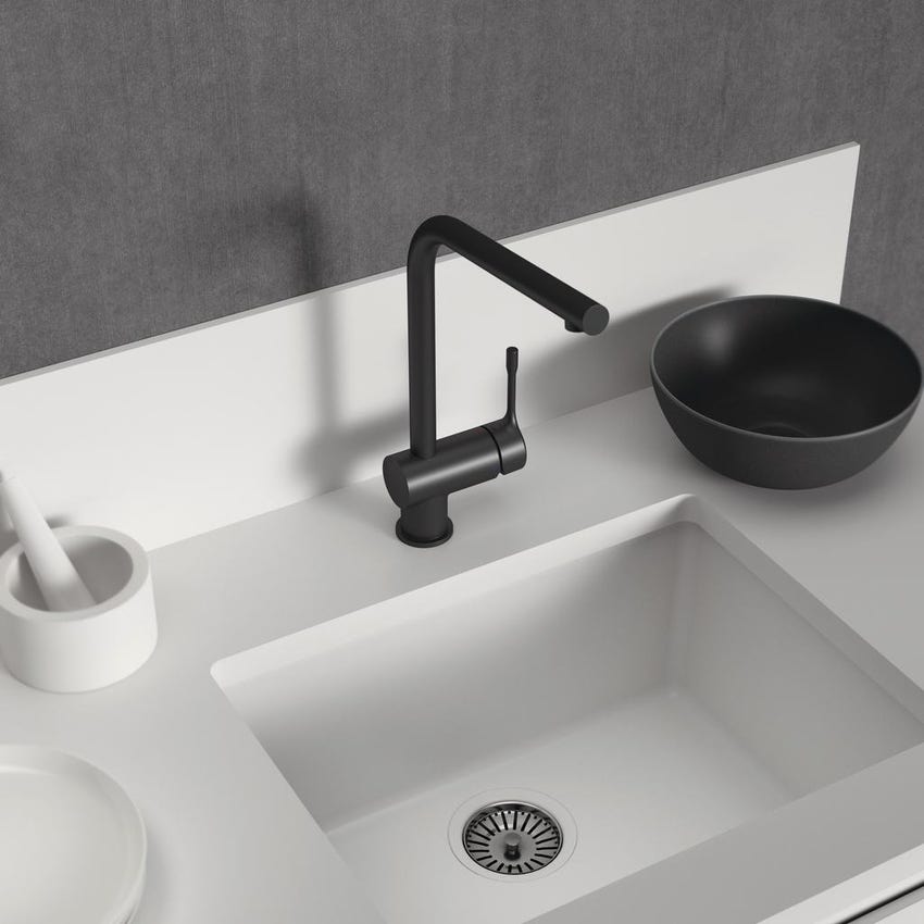 Immagine di Ideal Standard CERALOOK miscelatore monocomando da appoggio su lavello, con bocca di erogazione orientabile, colore nero finitura opaco BC174XG