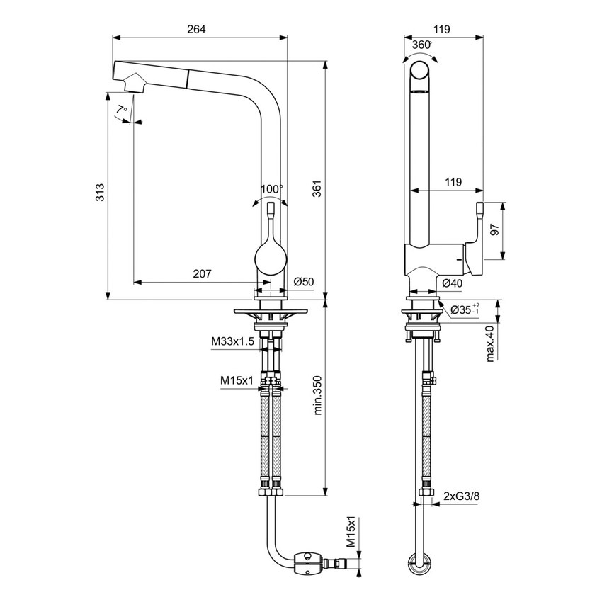 Immagine di Ideal Standard CERALOOK miscelatore monocomando da appoggio su lavello, con bocca di erogazione orientabile ed estraibile, con doccetta a 1 funzione, finitura cromo BC176AA
