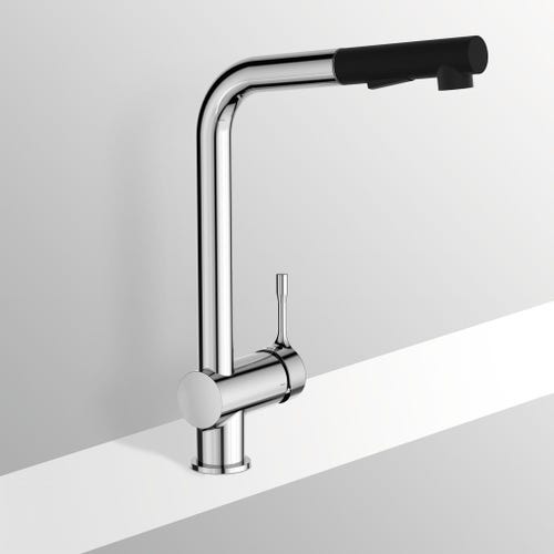 Immagine di Ideal Standard CERALOOK miscelatore monocomando da appoggio su lavello, con bocca di erogazione orientabile ed estraibile, con doccetta a 2 funzioni, finitura cromo BC178AA